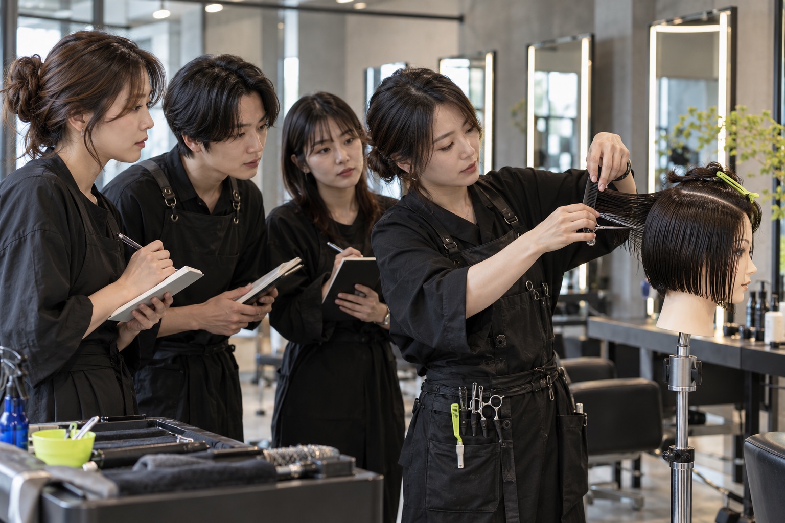 소수 인원이 보브 커트 시연을 가까이서 관찰하는 수업 운영 예시
