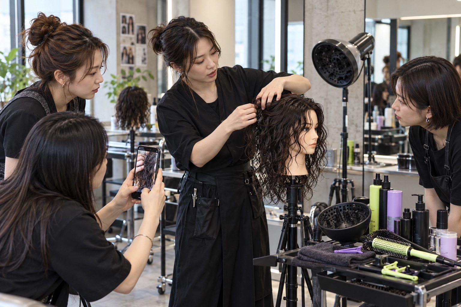 웨이브 텍스처 스타일링 순서를 시연하는 소수 수업 운영 예시